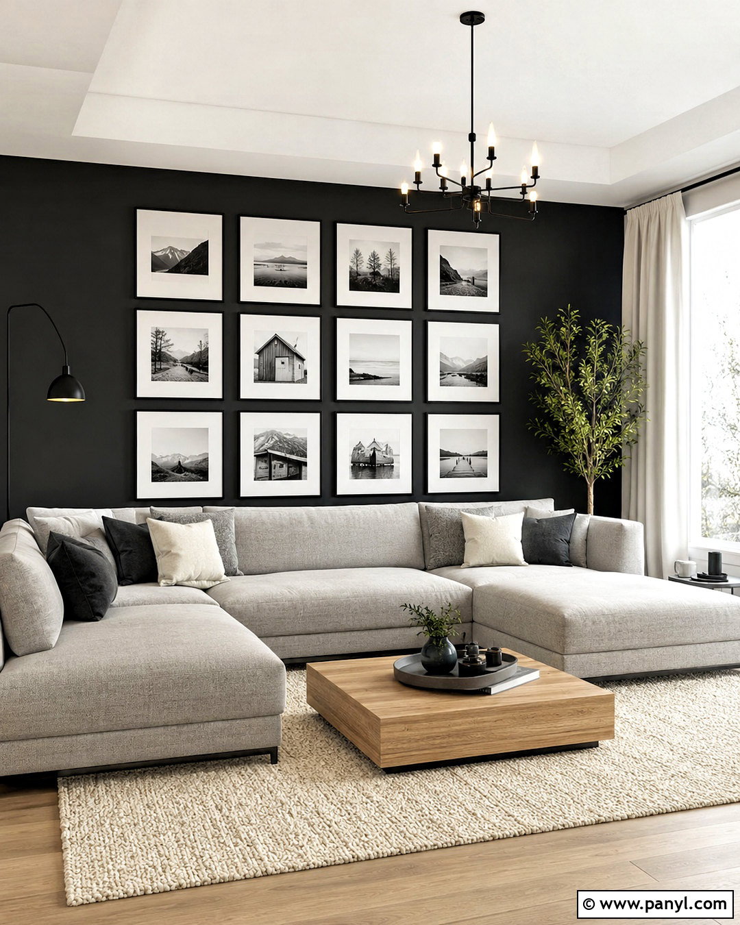 Black Gallery Accent Wall With White Frames - 20 White And Black Accent Wall Ideas