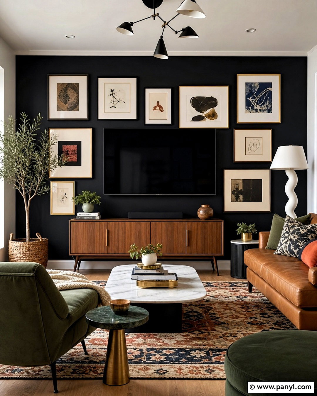 Black Gallery TV Wall With Framed Art - 20 tv wall design black ideas
