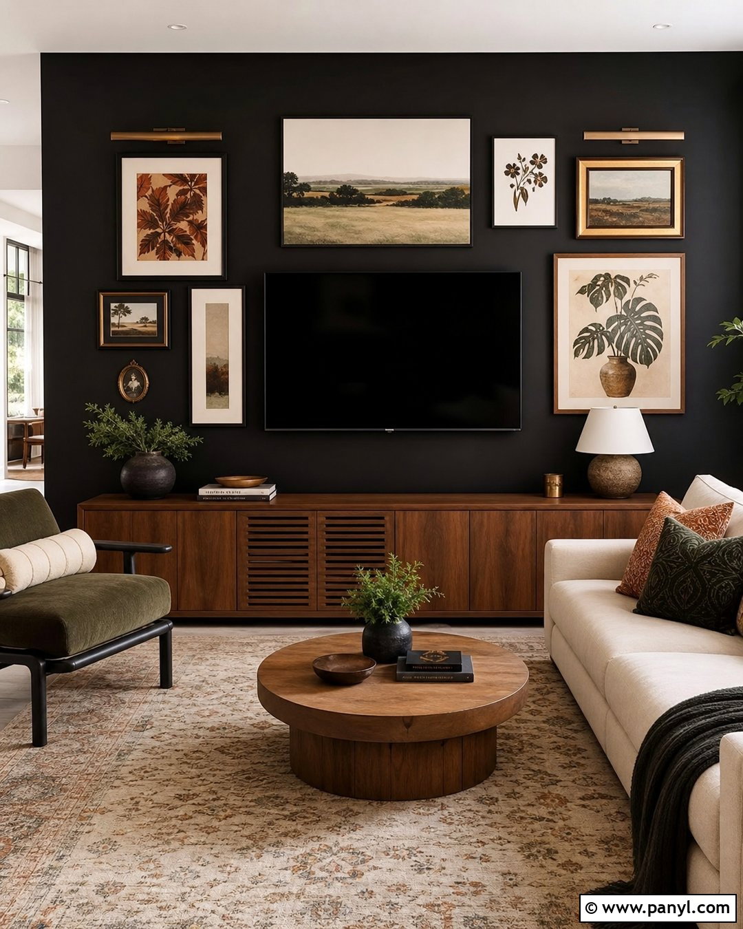 Black Gallery Wall Around TV - 35 Black Wall Behind Tv Ideas