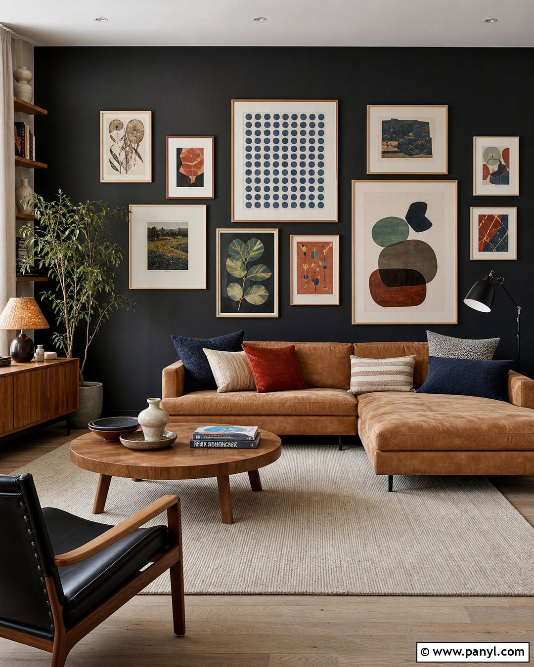 Black Gallery Wall With Colorful Art - 30 Black Wall Interior Ideas