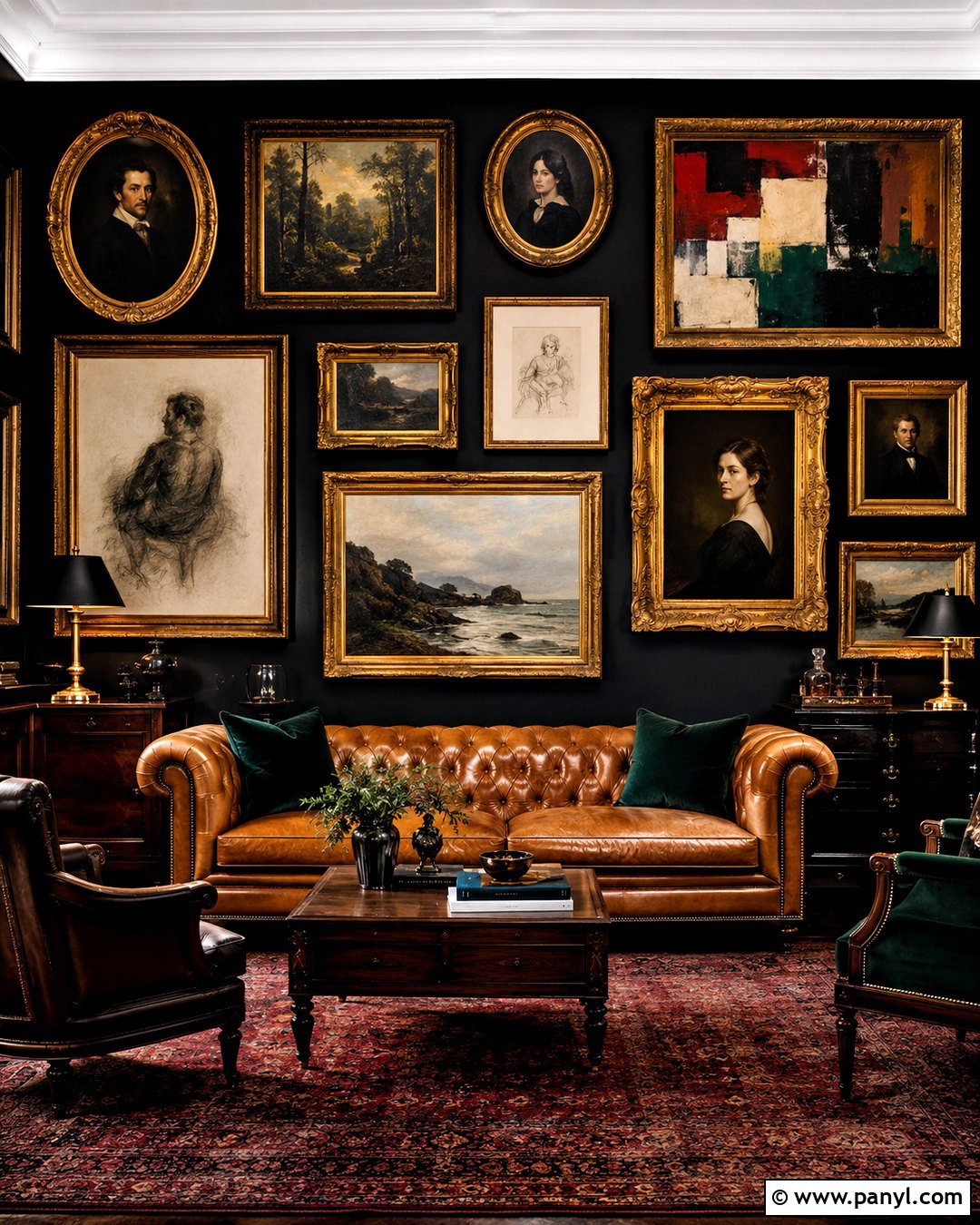 Black Gallery Wall With Gold Frames - 20 maximalist gallery wall ideas