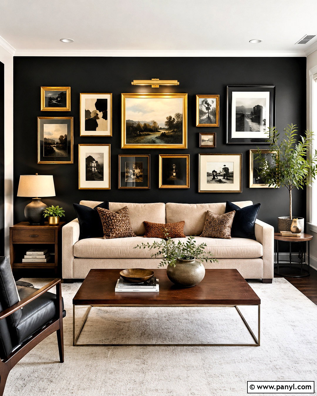 Black Gallery Wall With Mixed Gold Frames - 20 black and gold accent wall ideas