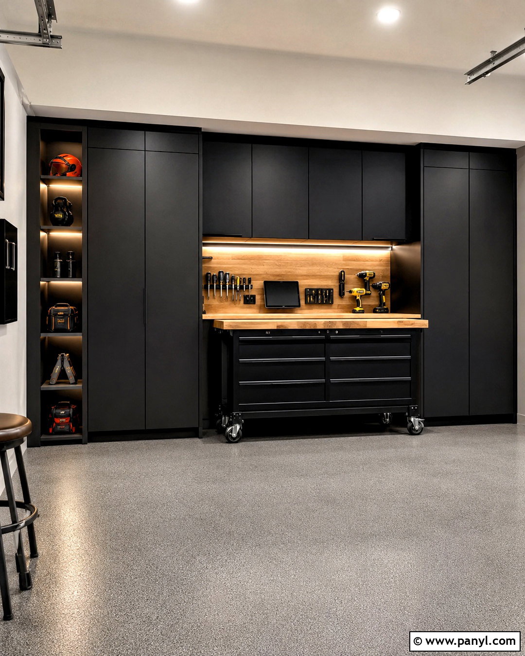 Black Garage Cabinets With Wood Workbench - 20 black garage interior ideas