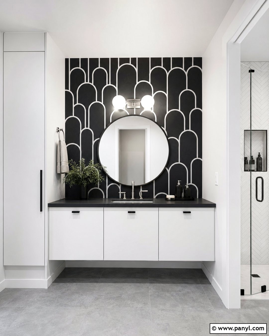 Black Geometric Accent Wall Bathroom - 35 Black Accent Wall Bathroom Ideas