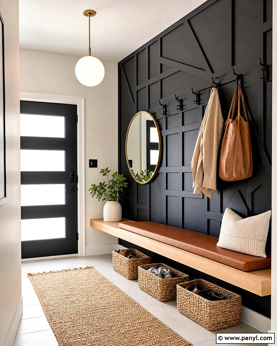Black Geometric Entryway Wall - 20 black panel wall ideas