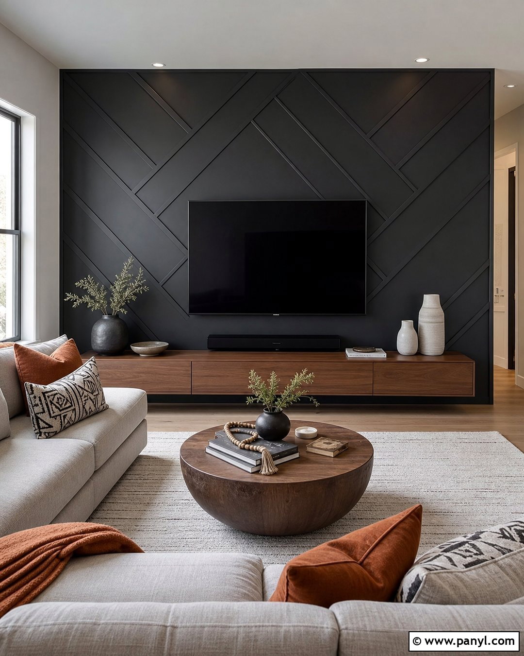Black Geometric Panel TV Wall - 35 Black Wall Behind Tv Ideas
