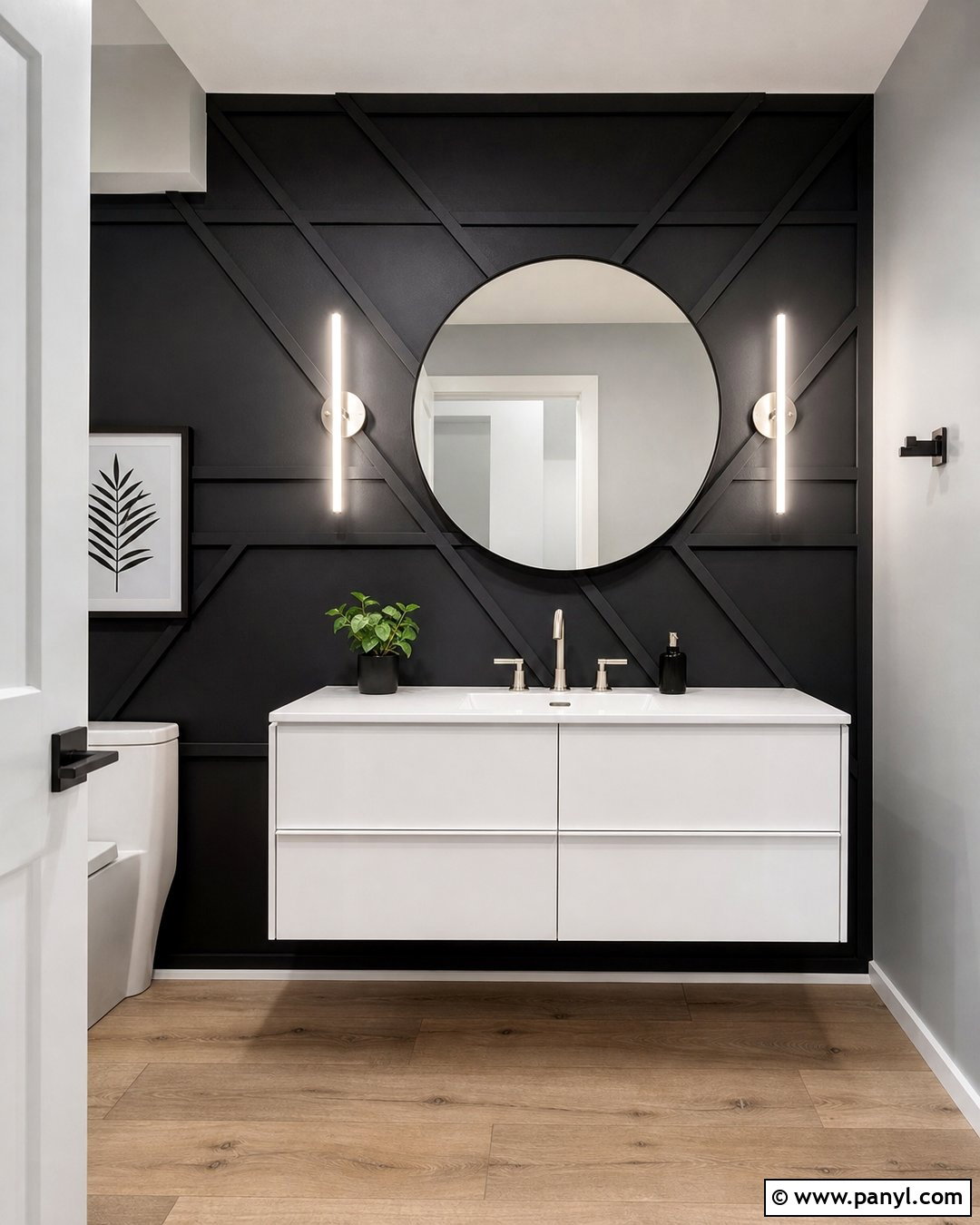 Black Geometric Panel Wall - 20 Black Accent Wall Half Bathroom Ideas