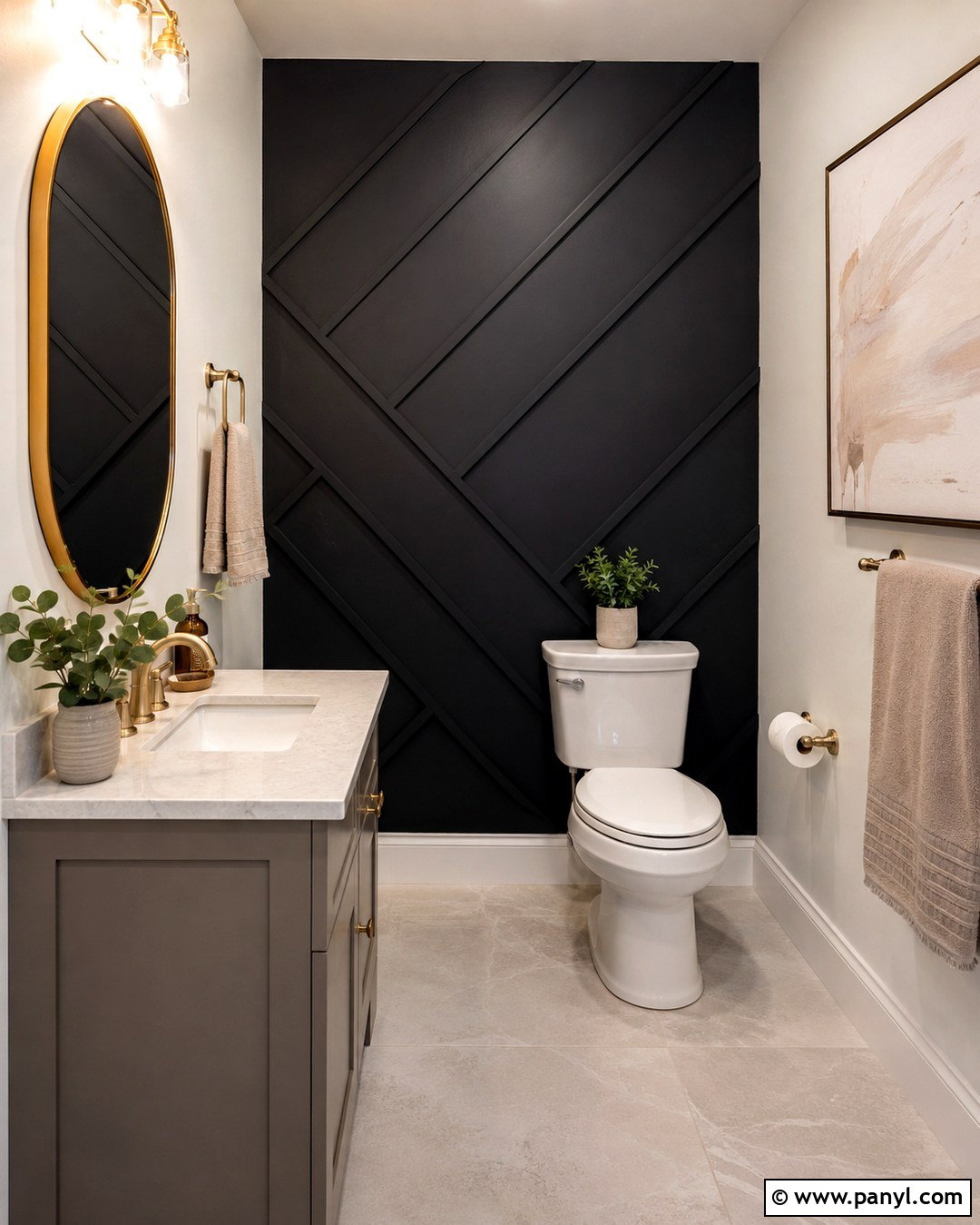 Black Geometric Paneled Wall Behind Toilet - 20 Black Accent Wall Behind Toilet Ideas