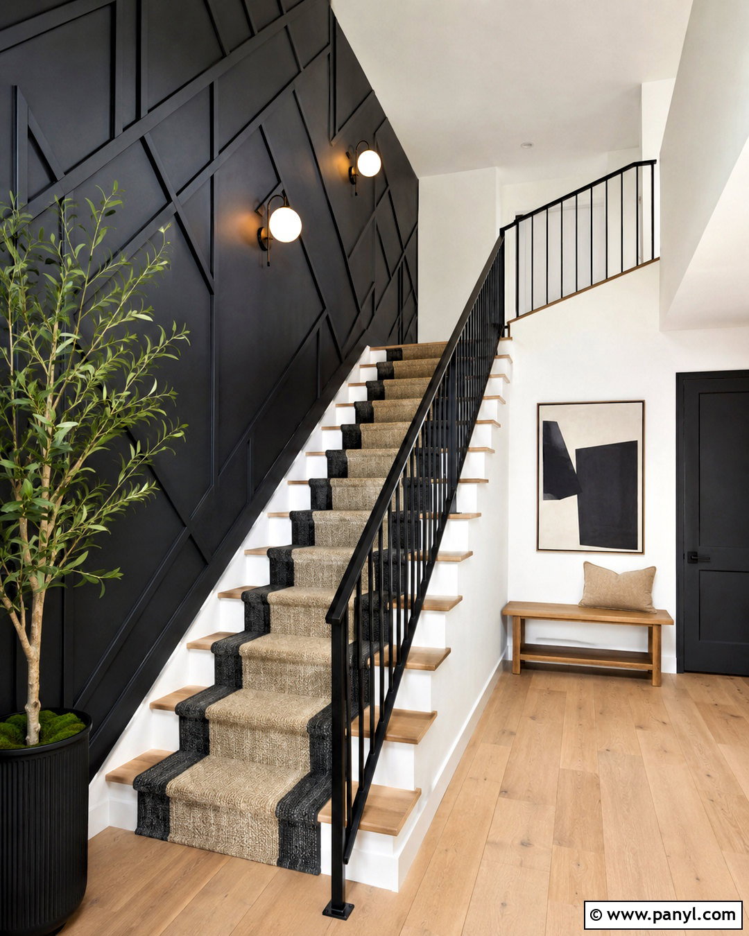 Black Geometric Paneling Staircase - 20 black wall paneling ideas