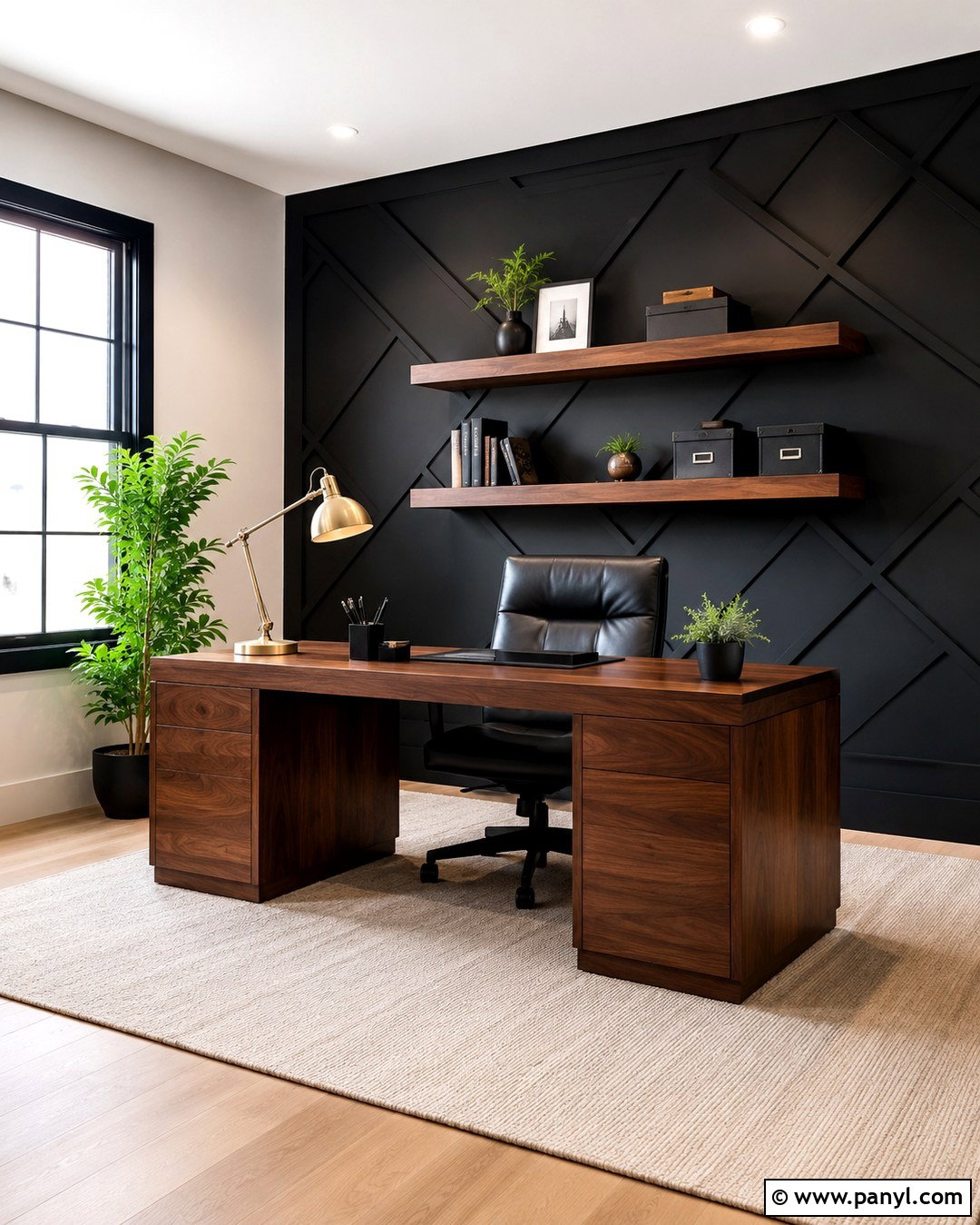 Black Geometric Wall With Brown Desk - 20 Brown Black Accent Wall Ideas