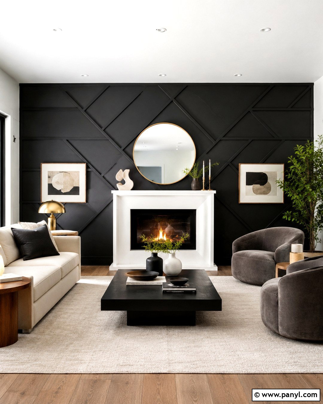 Black Geometric Wall With White Fireplace - 20 Black Accent Wall White Fireplace Ideas