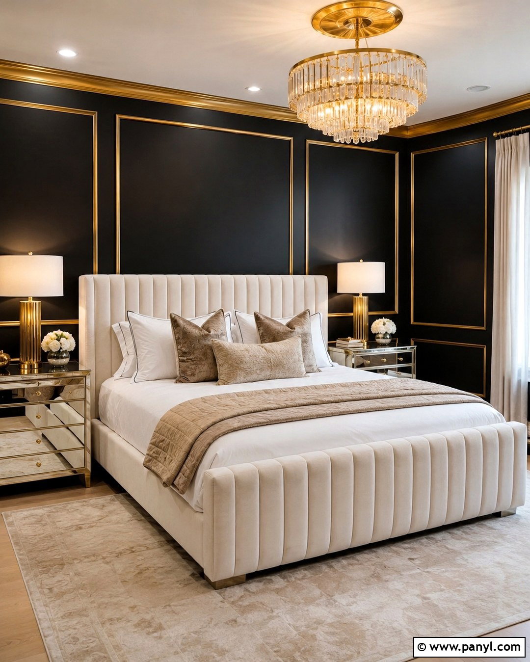 Black Glam Bedroom With Gold Trim - 20 Black Walls Gold Trim Ideas