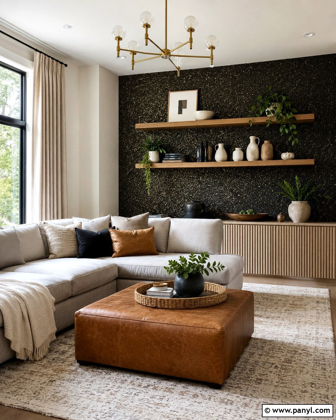 Black Glitter Wall With Floating Shelves - 20 Black Wall With Gold Glitter Ideas