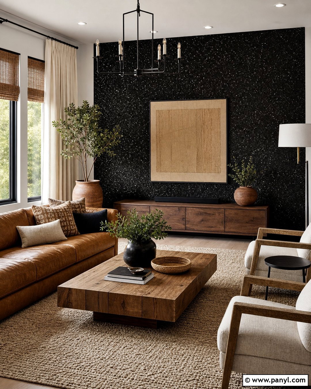 Black Glitter Wall With Warm Wood - 30 black glitter wall ideas