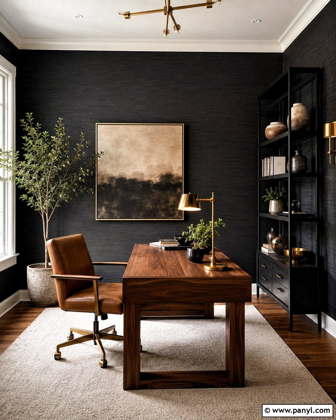 Black Grasscloth Wall With Antique Gold Decor - 20 black and gold accent wall ideas