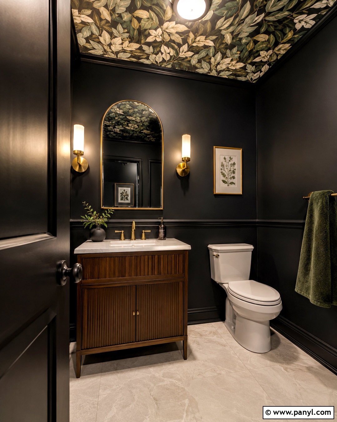 Black Half Bath With Ceiling Wallpaper - 20 black half bath ideas