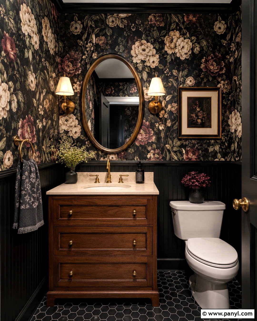 Black Half Bath With Floral Wallpaper - 20 black half bath ideas