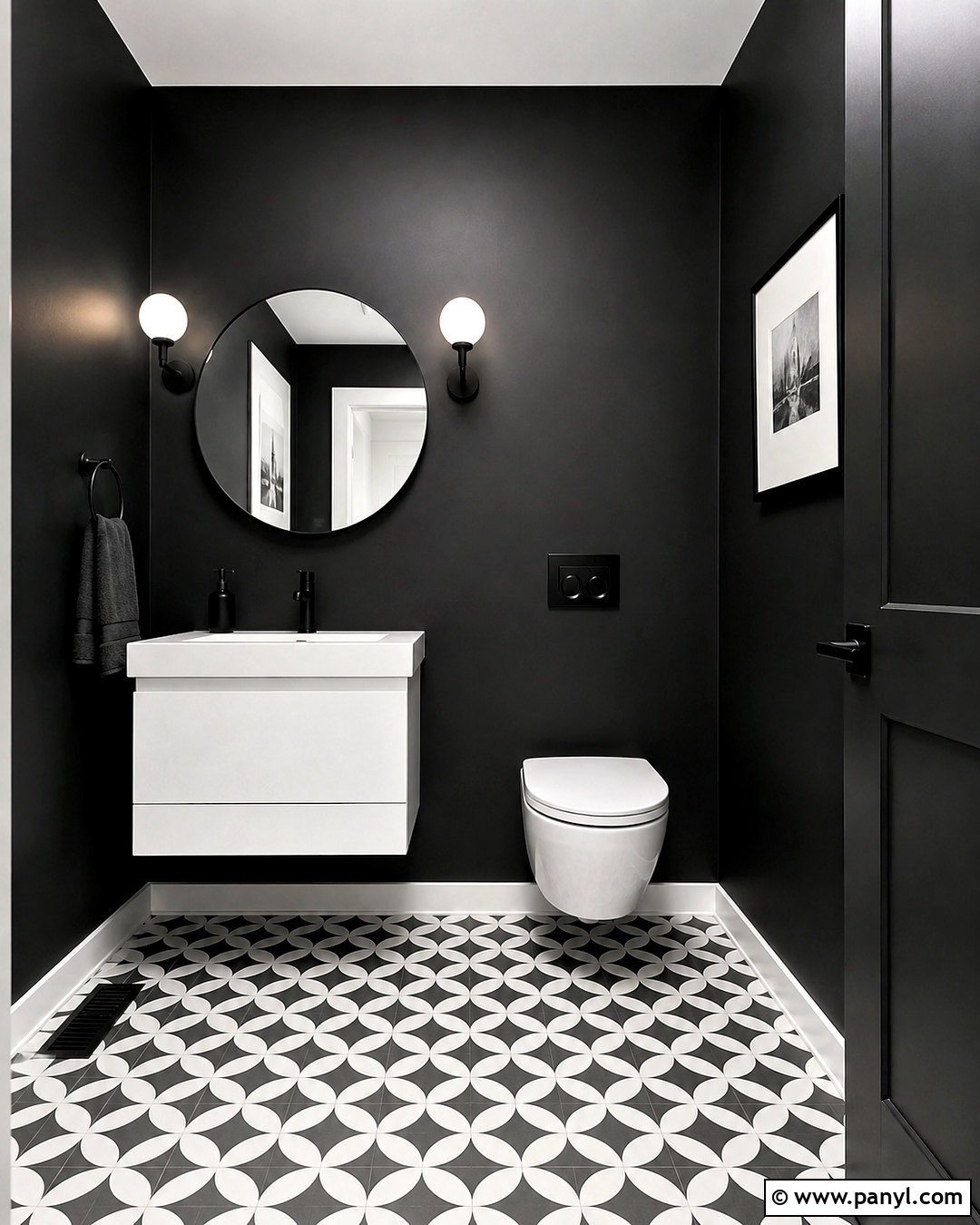 Black Half Bath With Geometric Floor Tile - 20 black half bath ideas
