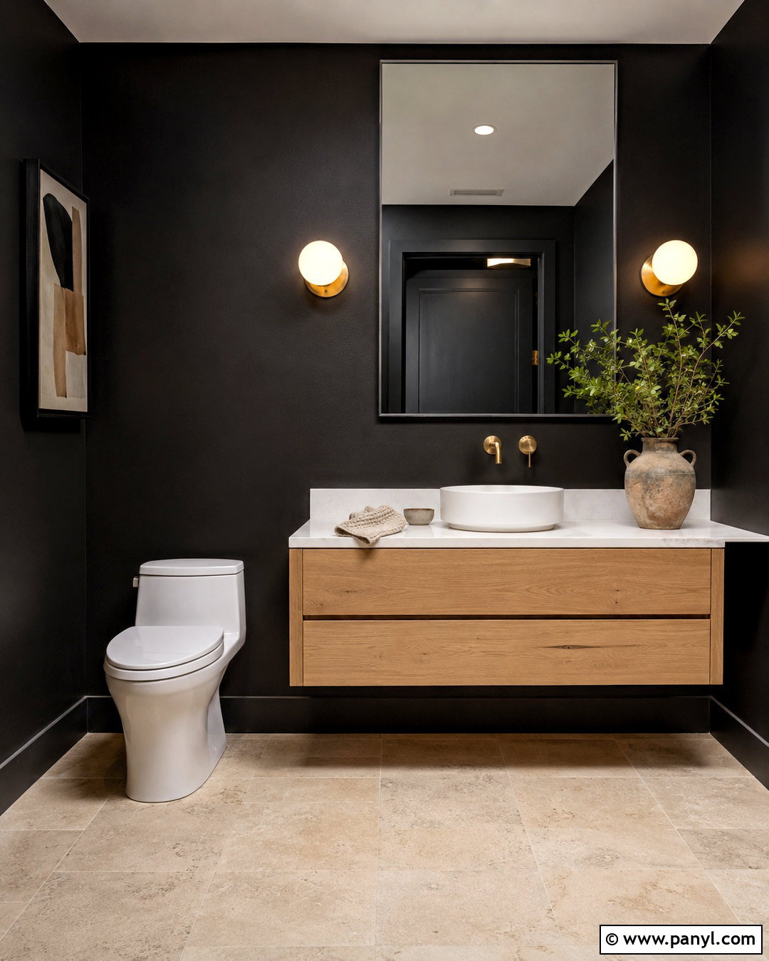 Black Half Bath With Wood Vanity - 20 black half bath ideas