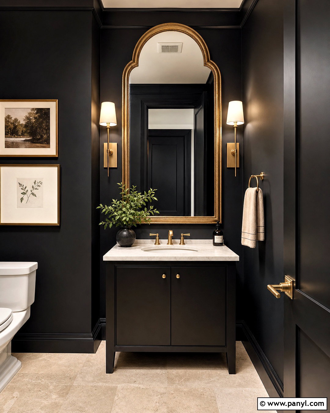 Black Half Bathroom With Brass Mirror - 20 black half bathroom ideas
