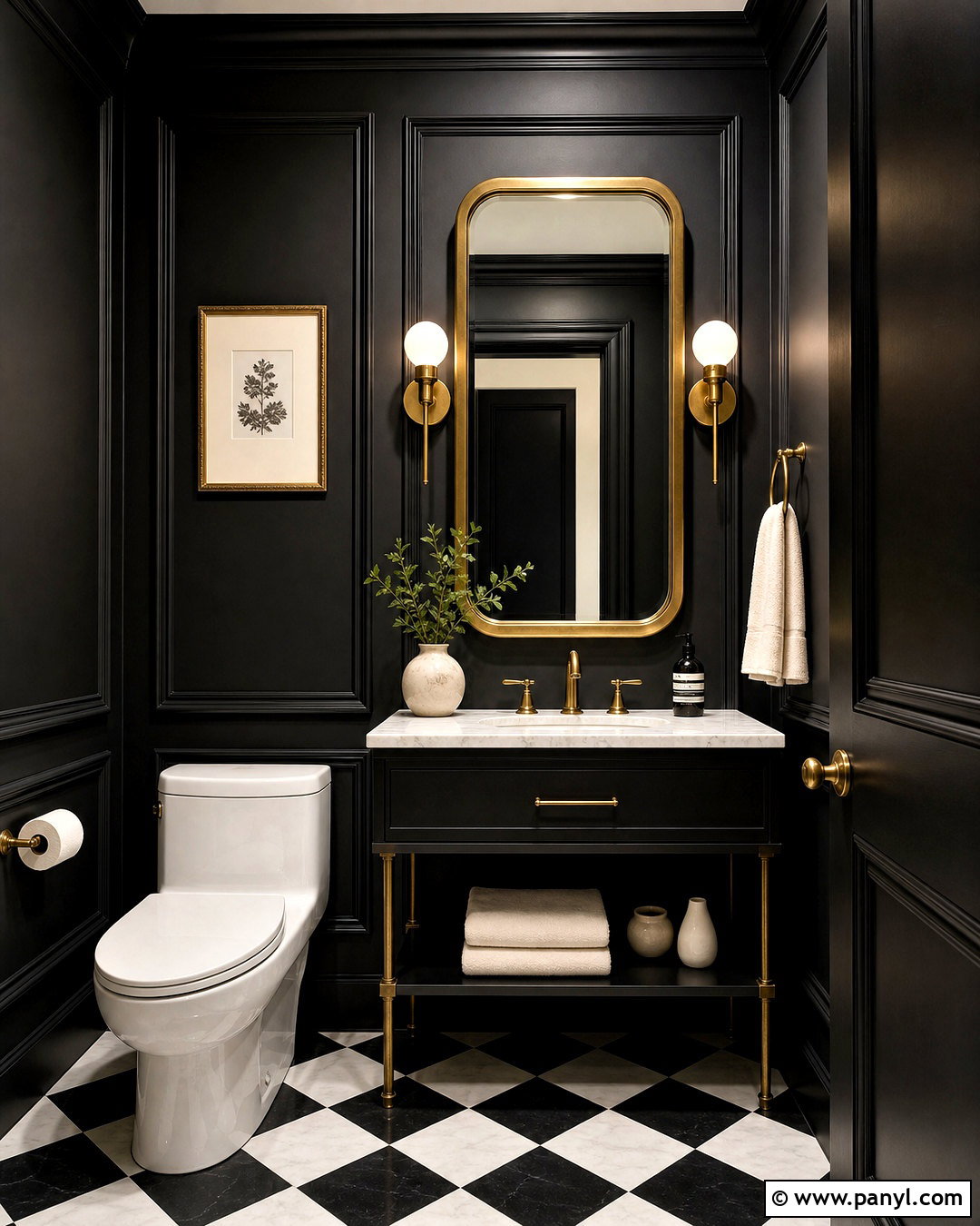 Black Half Bathroom With Gold Accents - 20 dark half bathroom ideas