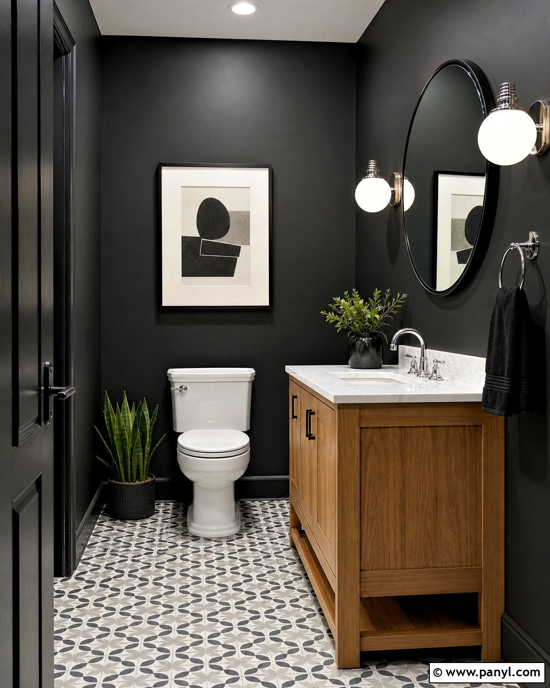 Black Half Bathroom With Patterned Floor - 20 black half bathroom ideas
