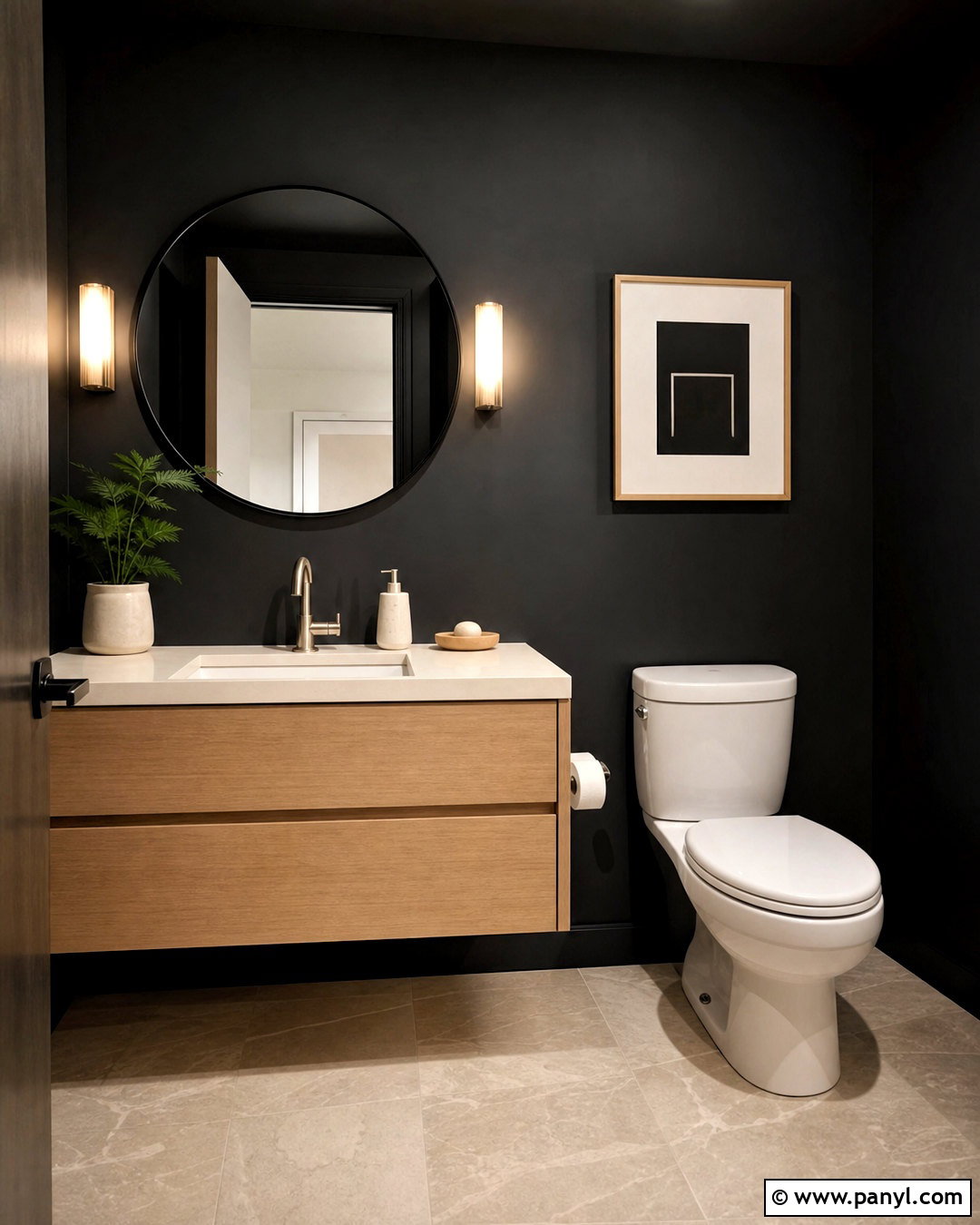 Black Half Bathroom With Wood Vanity - 20 black half bathroom ideas