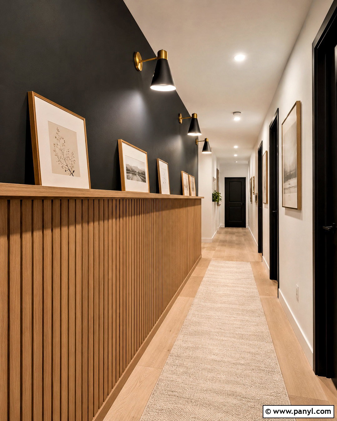 Black Hallway Wall With Half-Height Slats - 20 black wall with wood slats