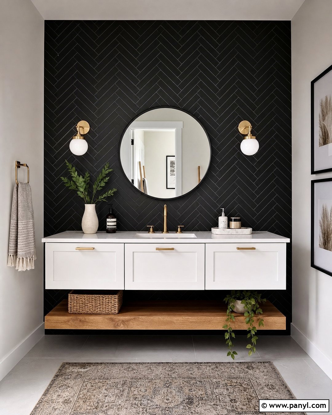 Black Herringbone Accent Wall Bathroom - 35 Black Accent Wall Bathroom Ideas