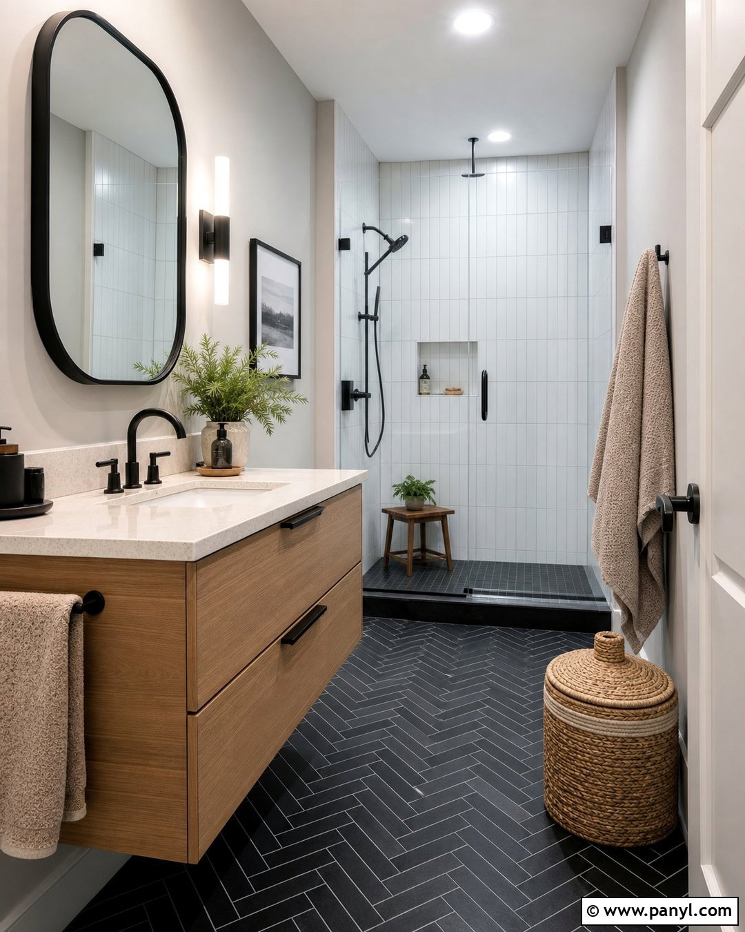 Black Herringbone Floor With Light Gray Walls - 20 Bathroom Black Floor Grey Walls