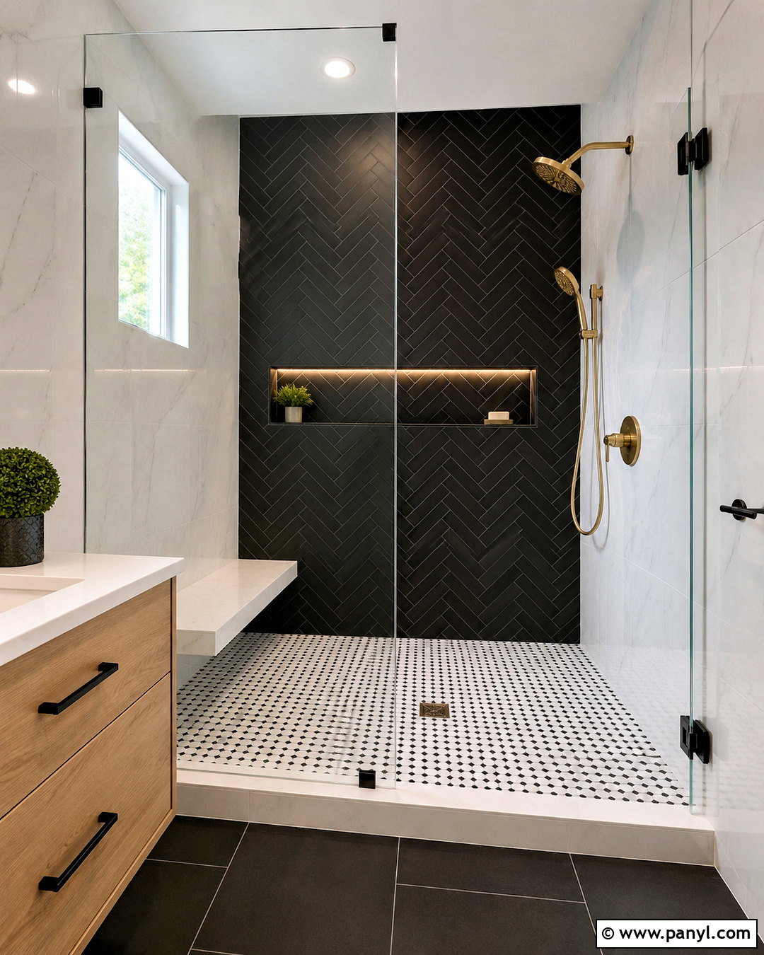 Black Herringbone Shower Accent Wall - 20 black and white shower tile ideas