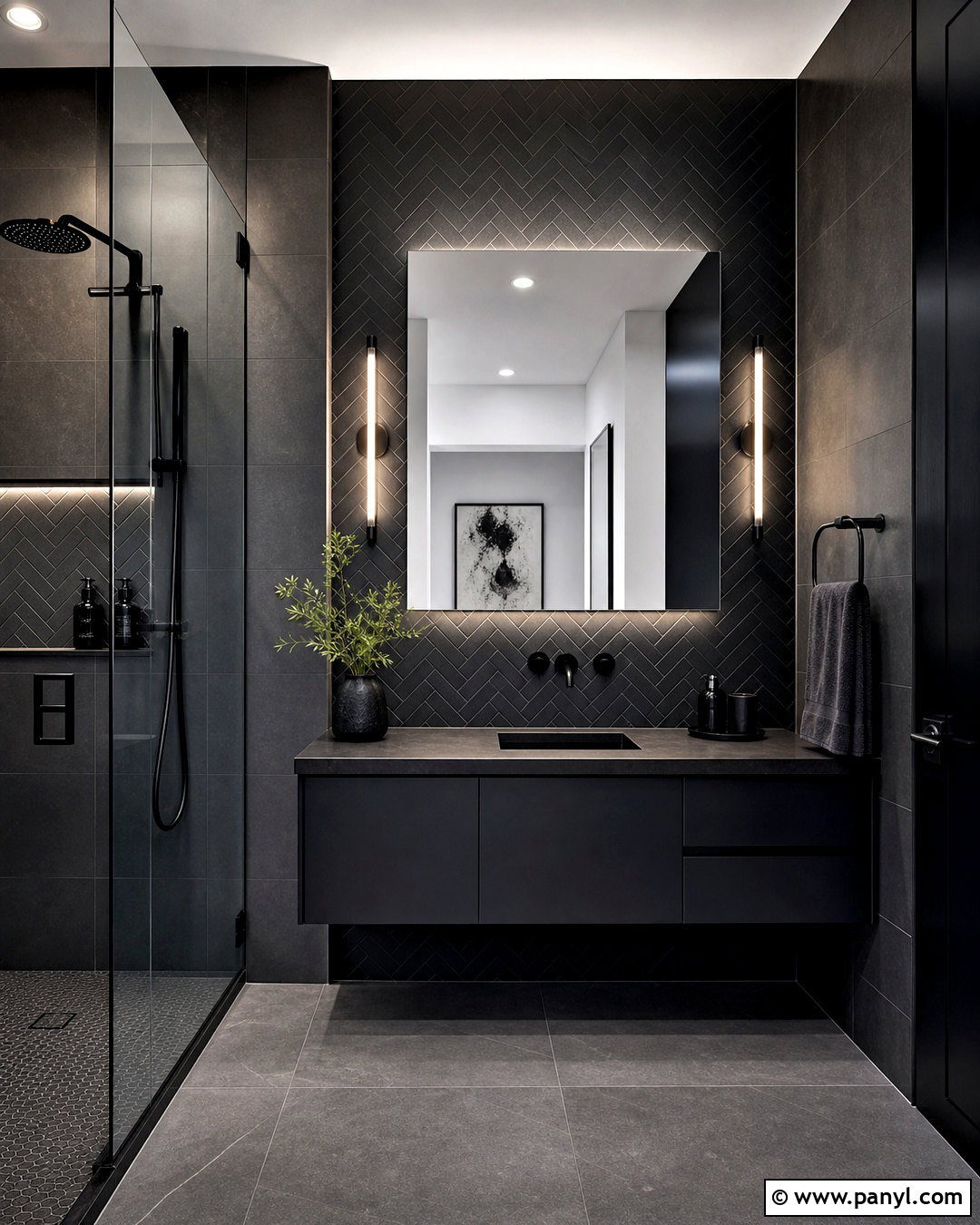 Black Herringbone Tile Bathroom - 20 all black bathroom ideas