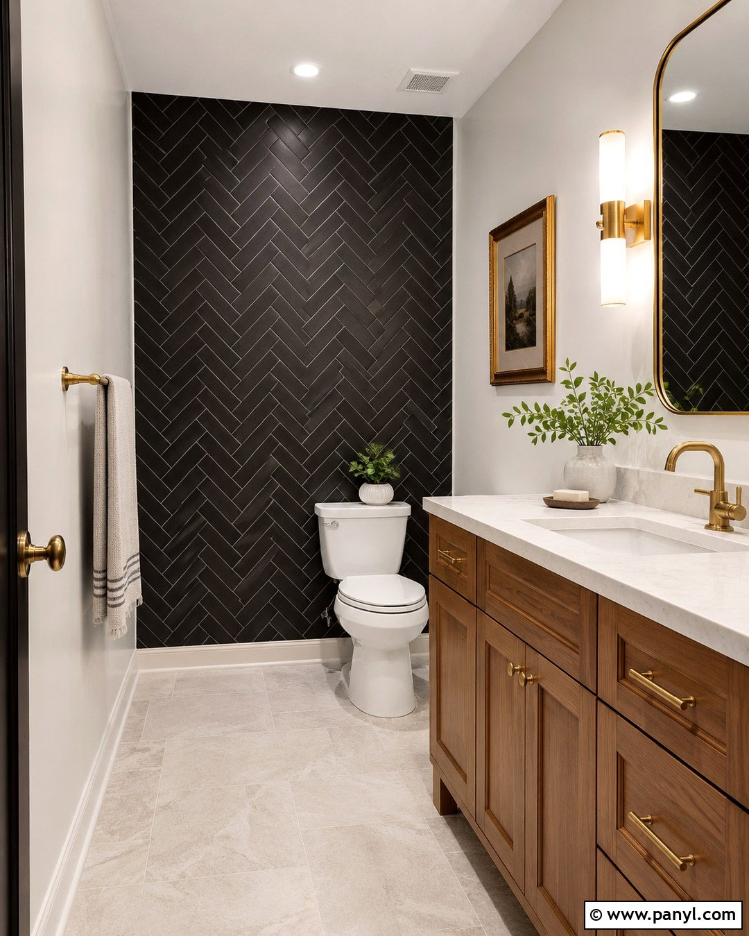 Black Herringbone Tile Wall Behind Toilet - 20 Black Accent Wall Behind Toilet Ideas