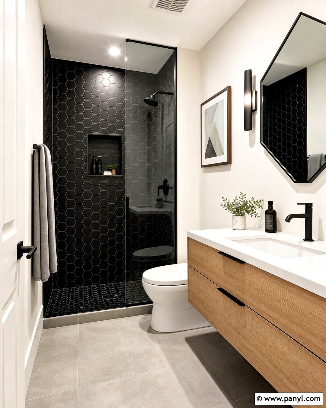 Black Hex Tile Walk-In Shower - 20 small black bathroom ideas