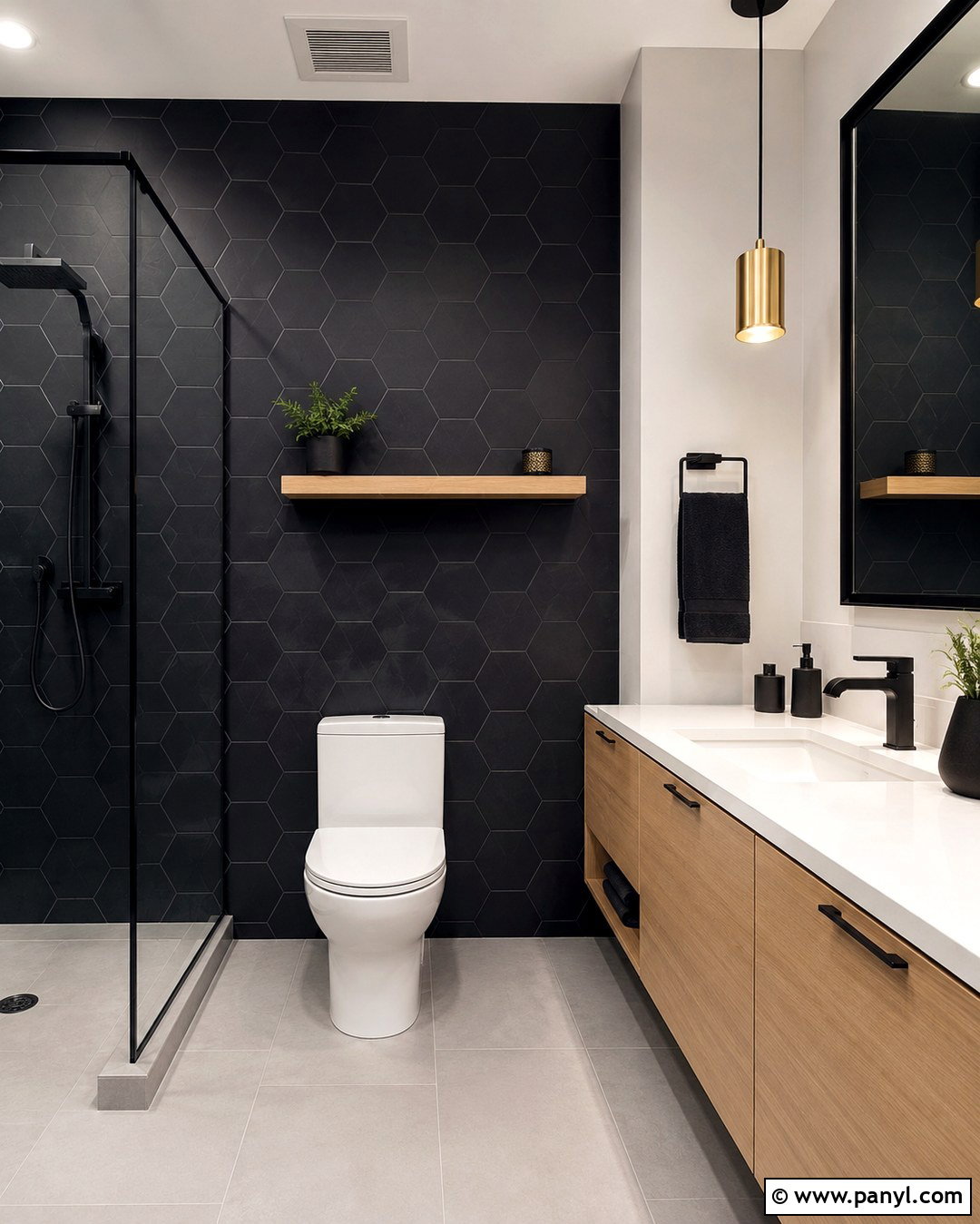 Black Hexagon Tile Wall Behind Toilet - 20 Black Accent Wall Behind Toilet Ideas