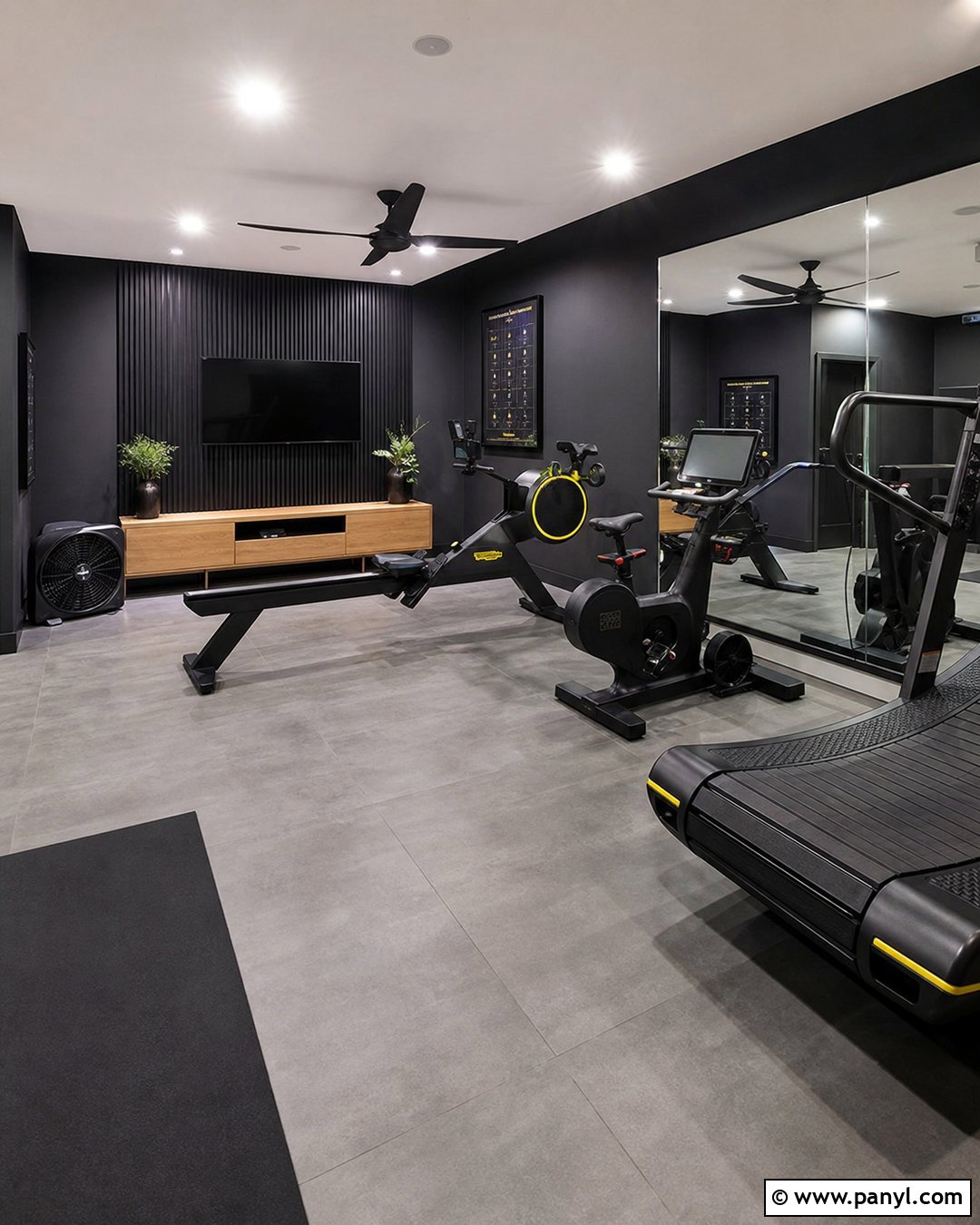 Black Home Gym Cardio Room - 25 Black Walls Home Gym Ideas