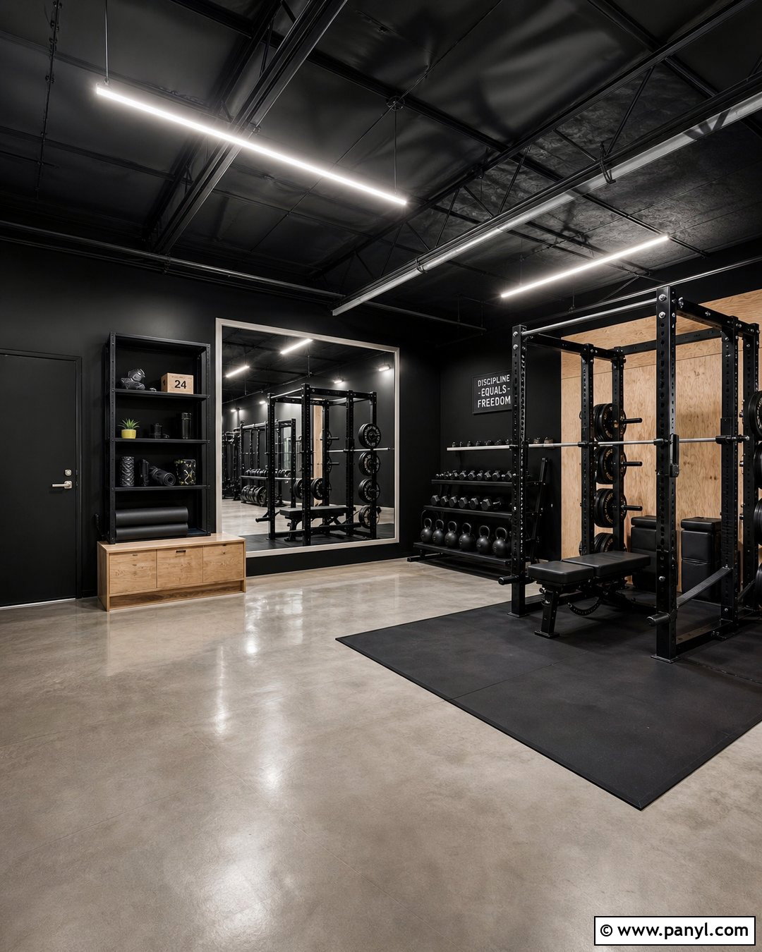 Black Home Gym With Concrete Floors - 25 Black Walls Home Gym Ideas