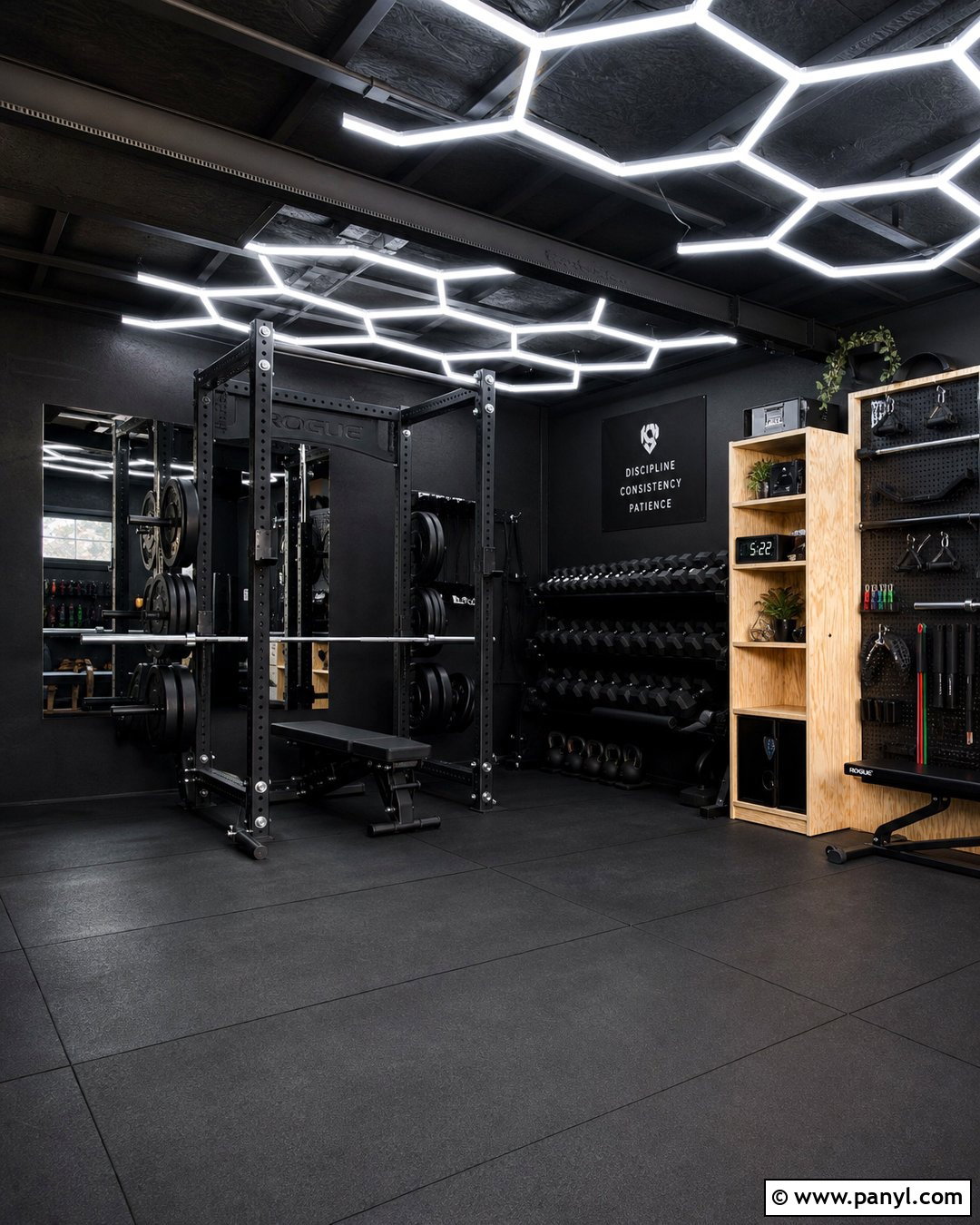 Black Home Gym With Hexagon Lights - 25 Black Walls Home Gym Ideas