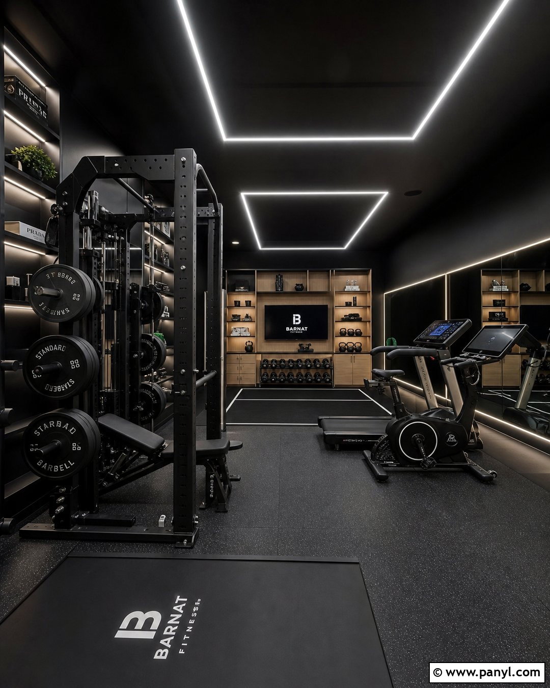 Black Home Gym With LED Lighting - 25 Black Walls Home Gym Ideas