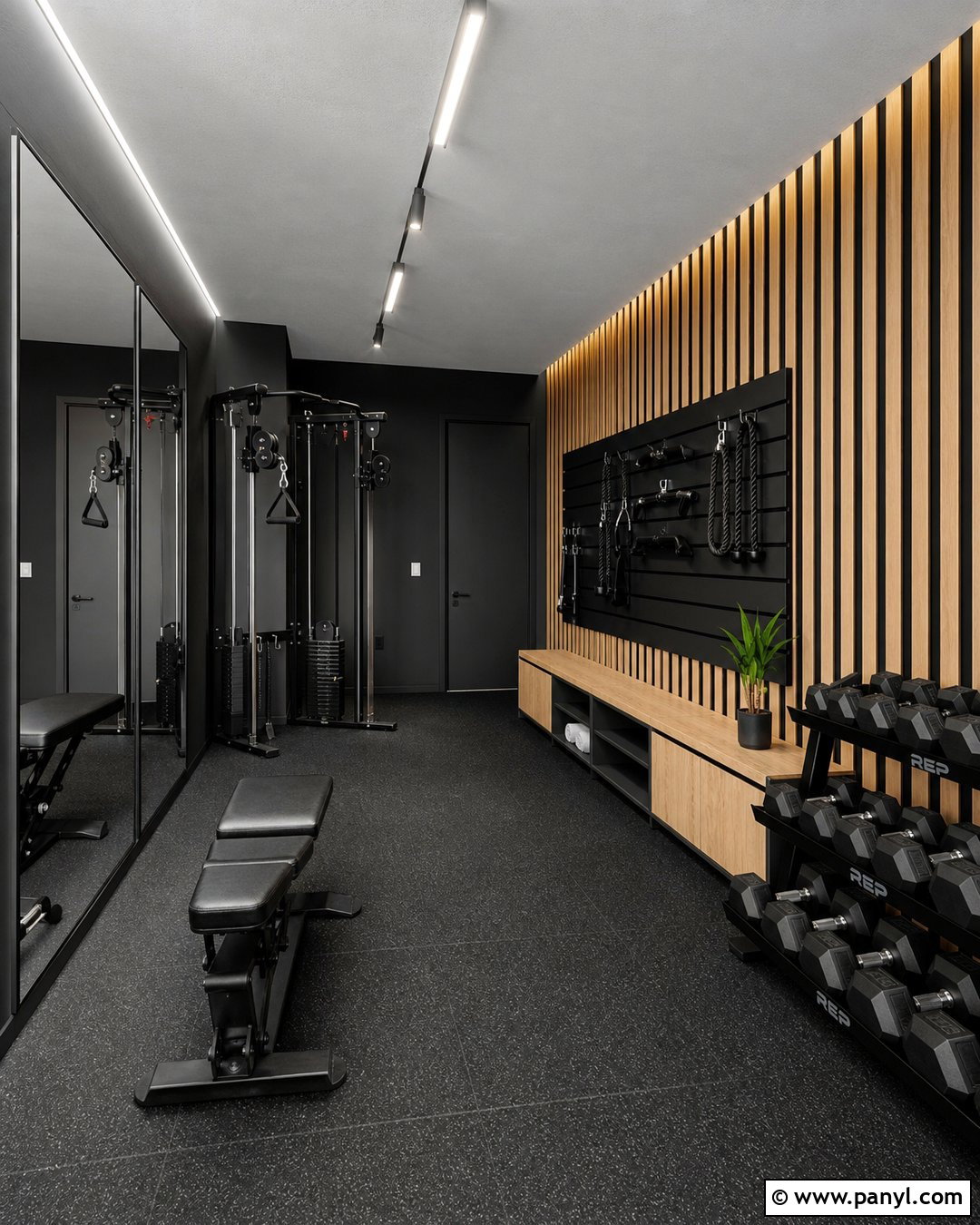 Black Home Gym With Slat Wall - 25 Black Walls Home Gym Ideas