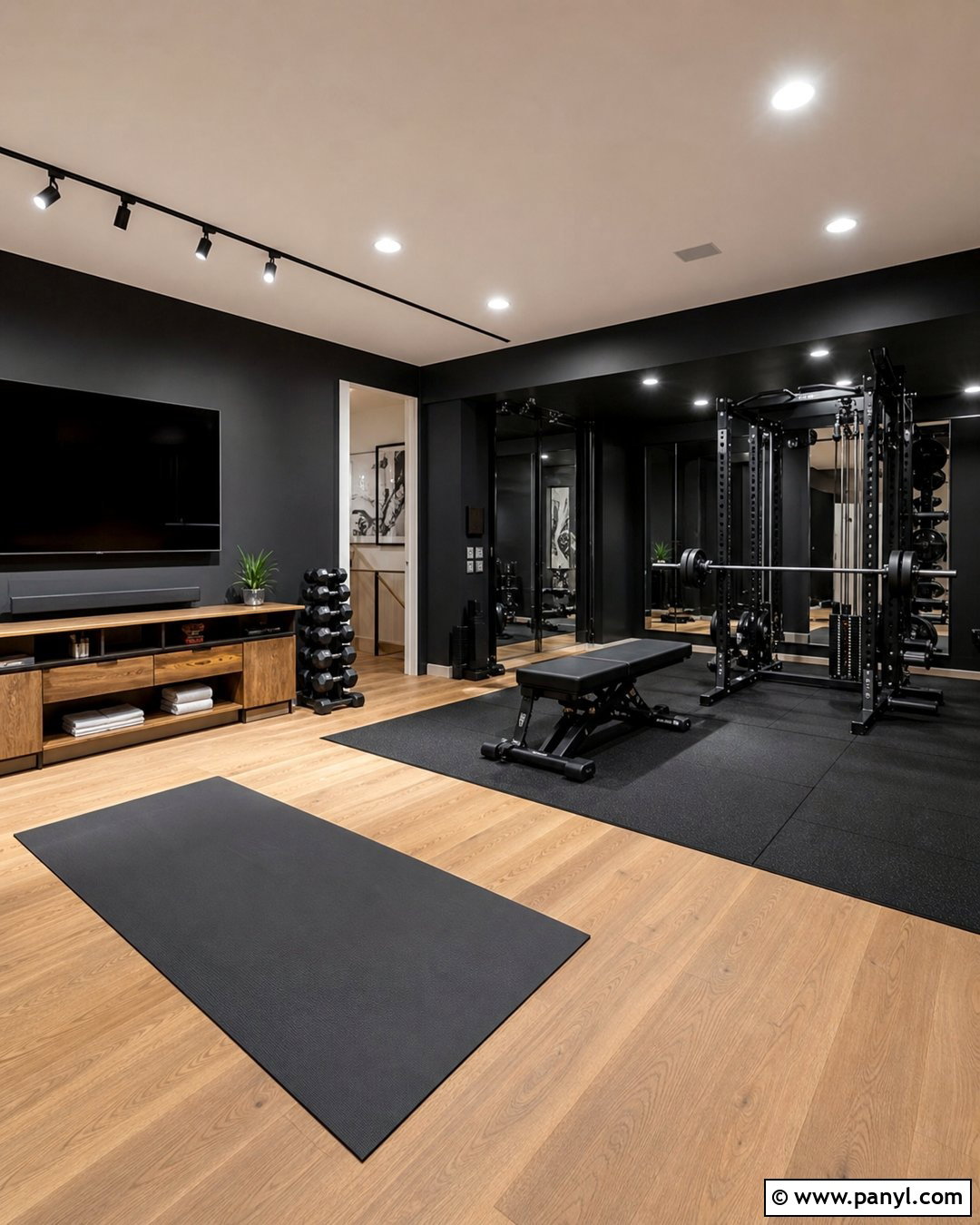 Black Home Gym With Wood Flooring - 25 Black Walls Home Gym Ideas