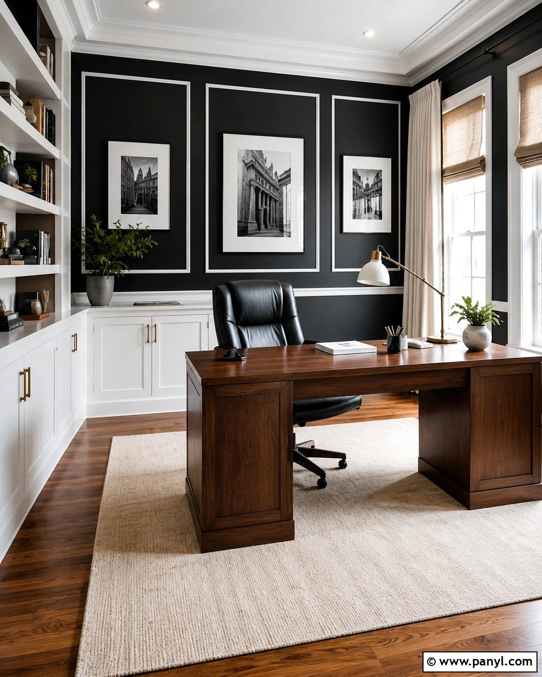 Black Home Office Accent Wall With White Molding - 20 White And Black Accent Wall Ideas