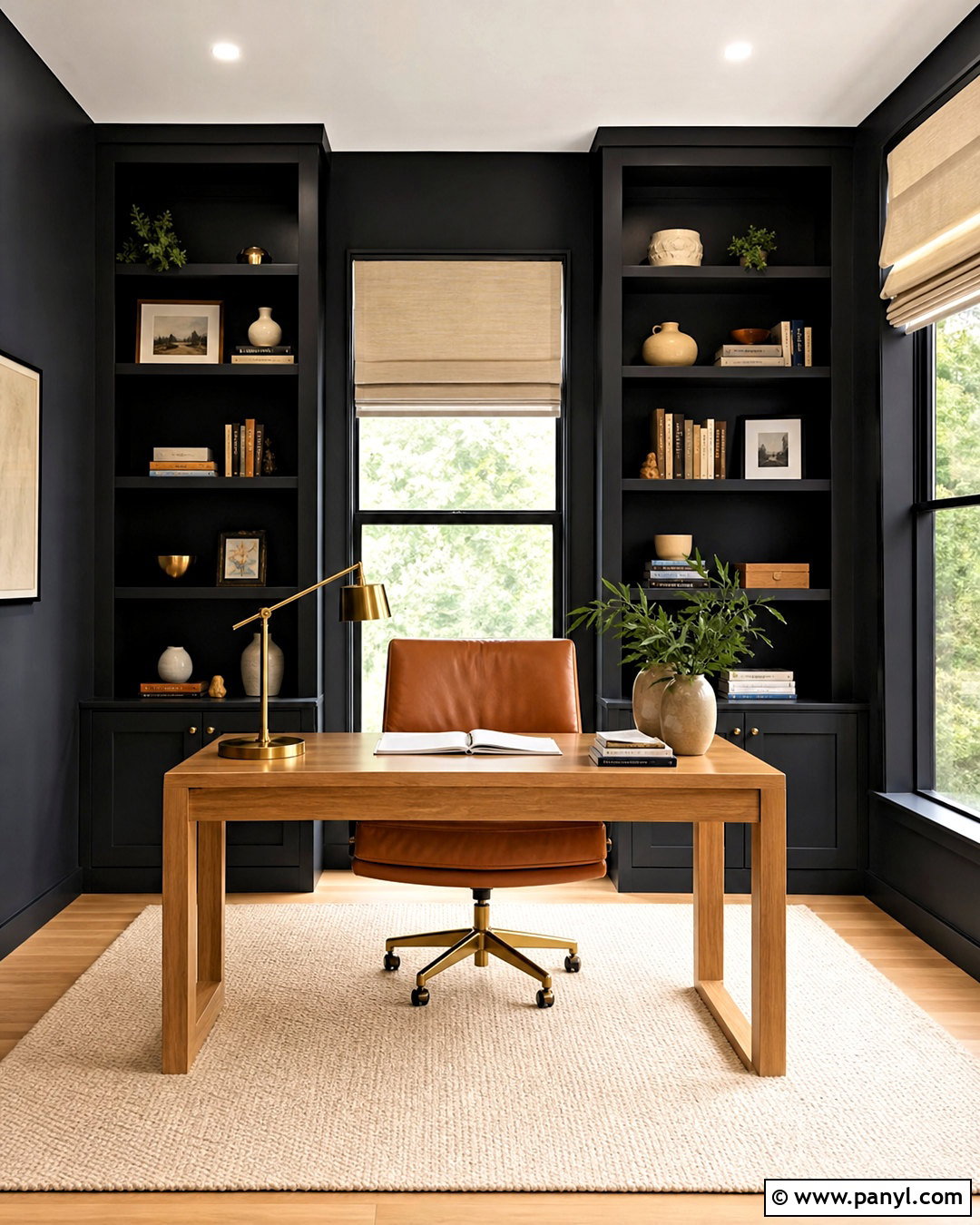 Black Home Office Wall With Built-In Shelves - 20 black interior walls