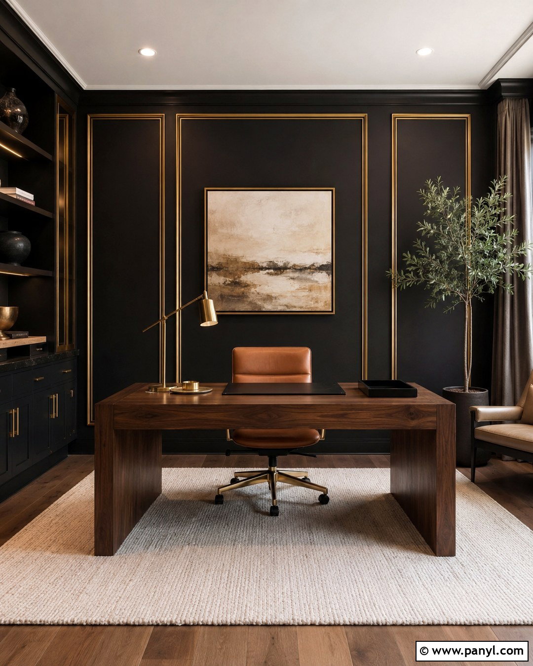 Black Home Office Wall With Gold Trim - 20 Black Walls Gold Trim Ideas