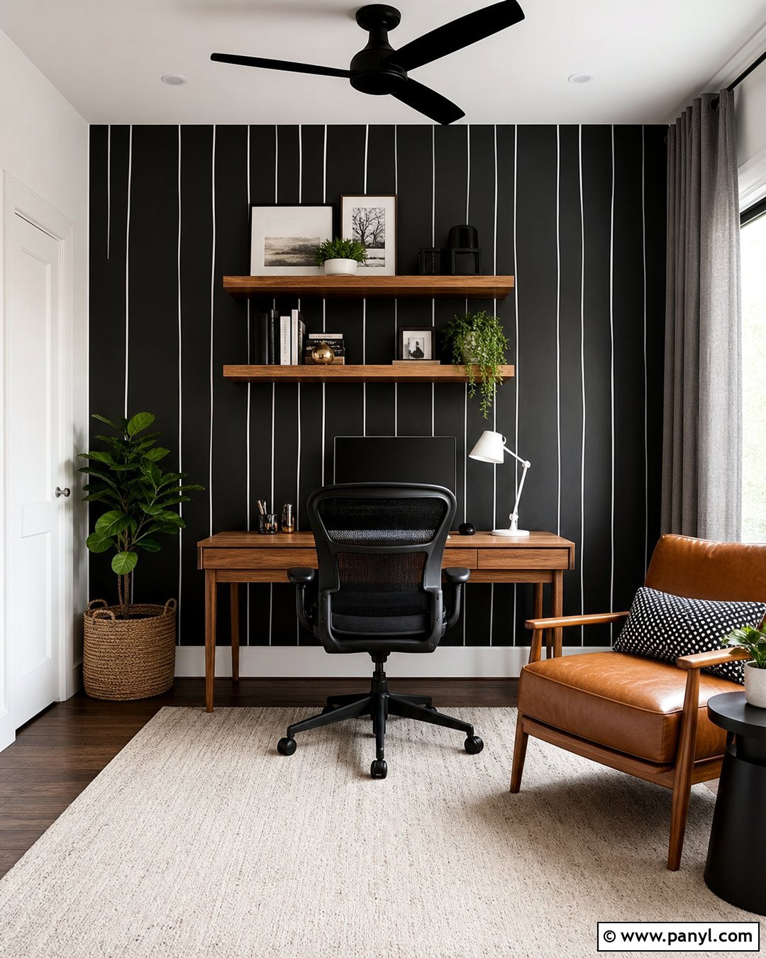 Black Home Office Wall With Uneven White Stripes - 20 Black Wall With White Stripes