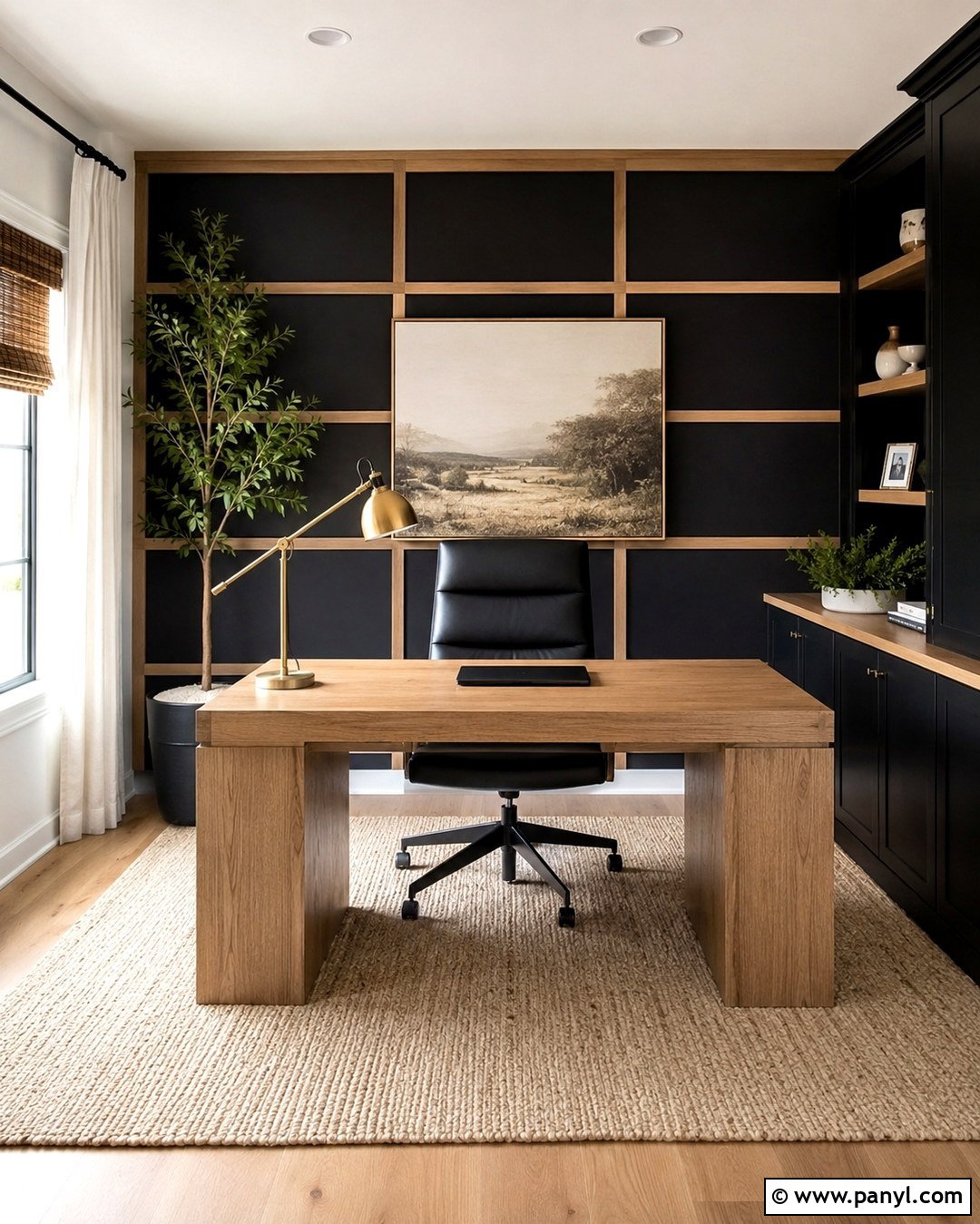 Black Home Office Wall With Wood Grid Trim - 20 Black Accent Wall With Wood Trim Ideas