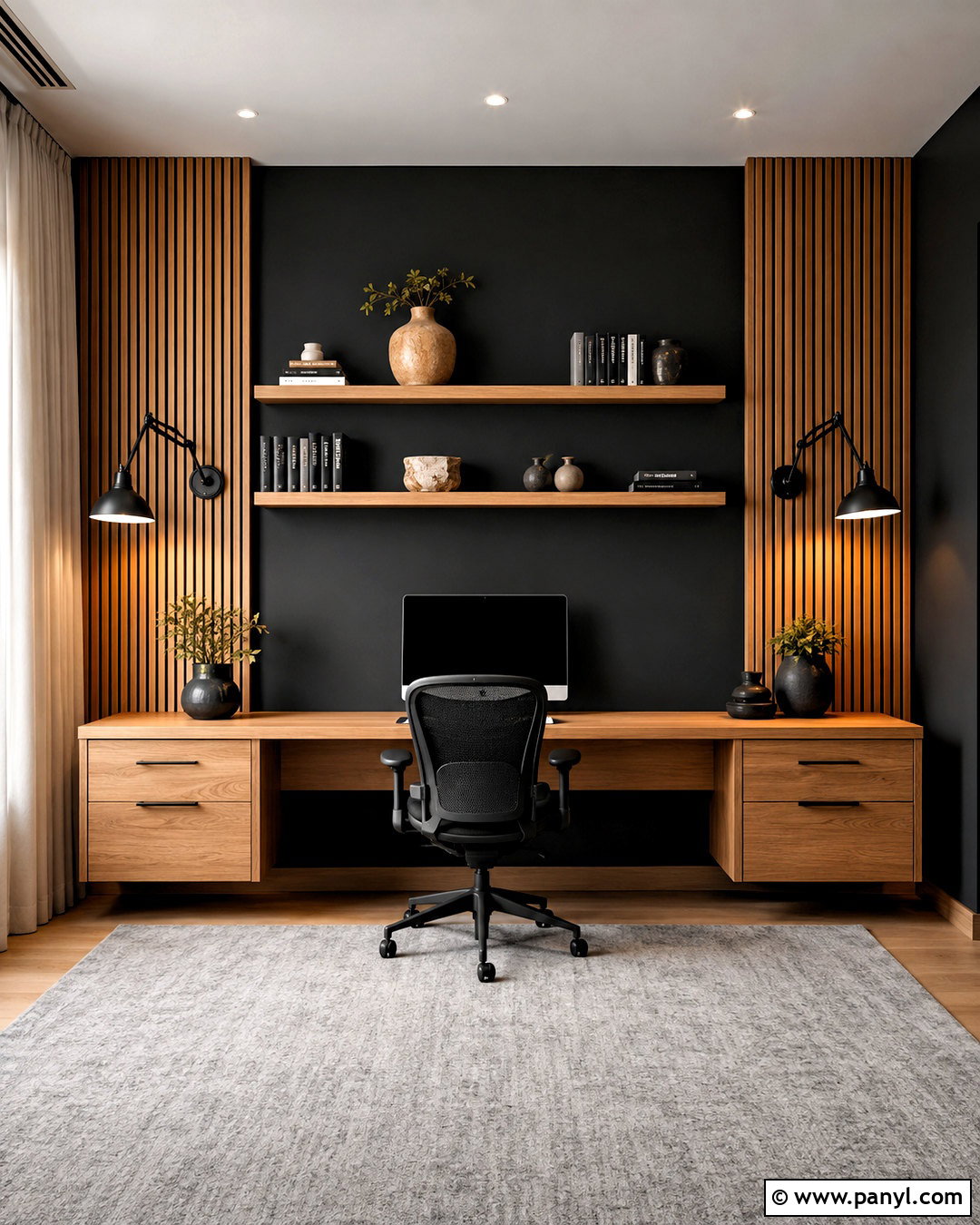 Black Home Office Wall With Wood Slats - 20 black wall with wood slats