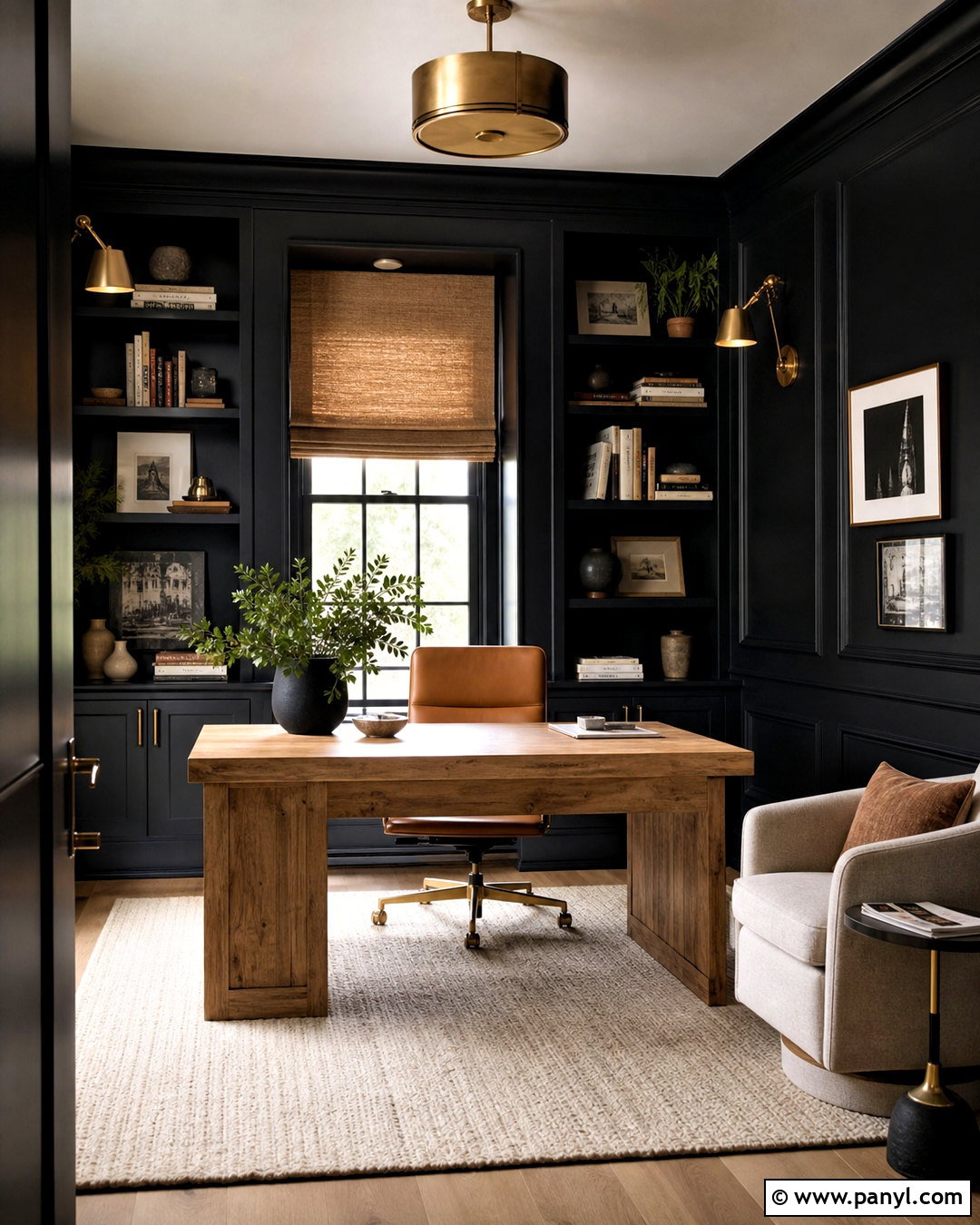 Black Home Office With Built-In Shelves - 20 black room design ideas