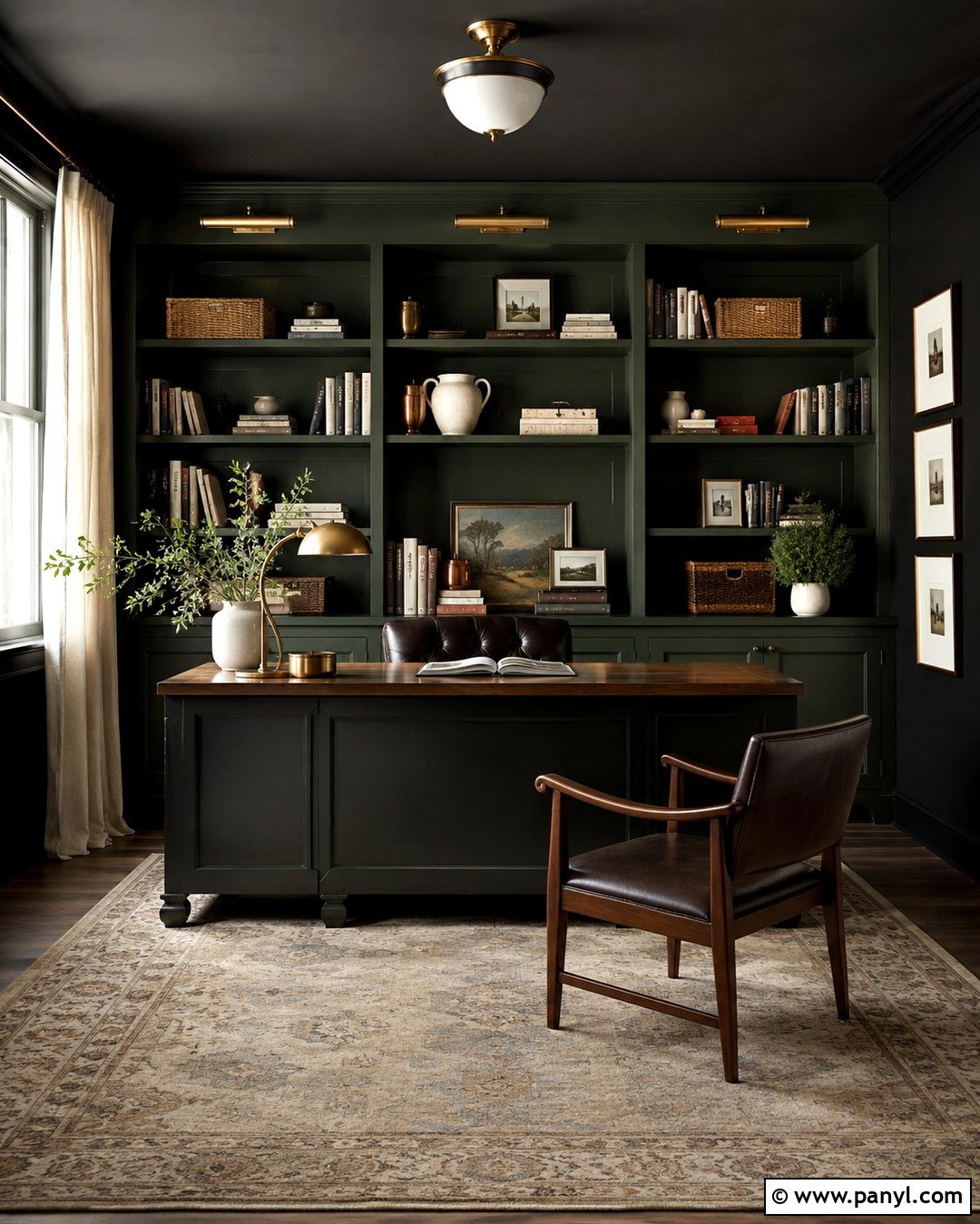 Black Home Office With Green Built-In Shelves - 20 Green And Black Painted Room Ideas