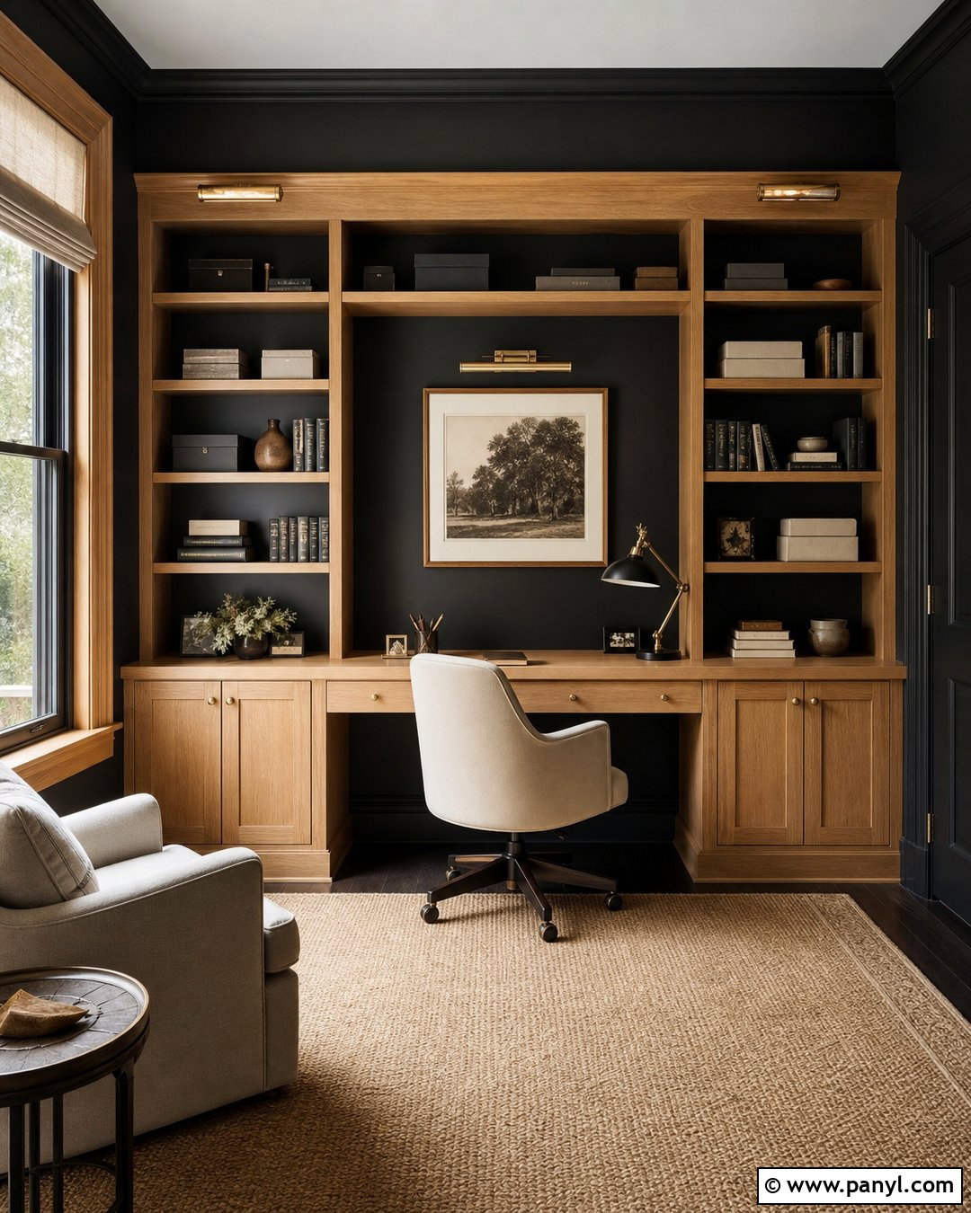 Black Home Office With Oak Built-Ins - 20 Dark Walls Unpainted Woodwork Ideas